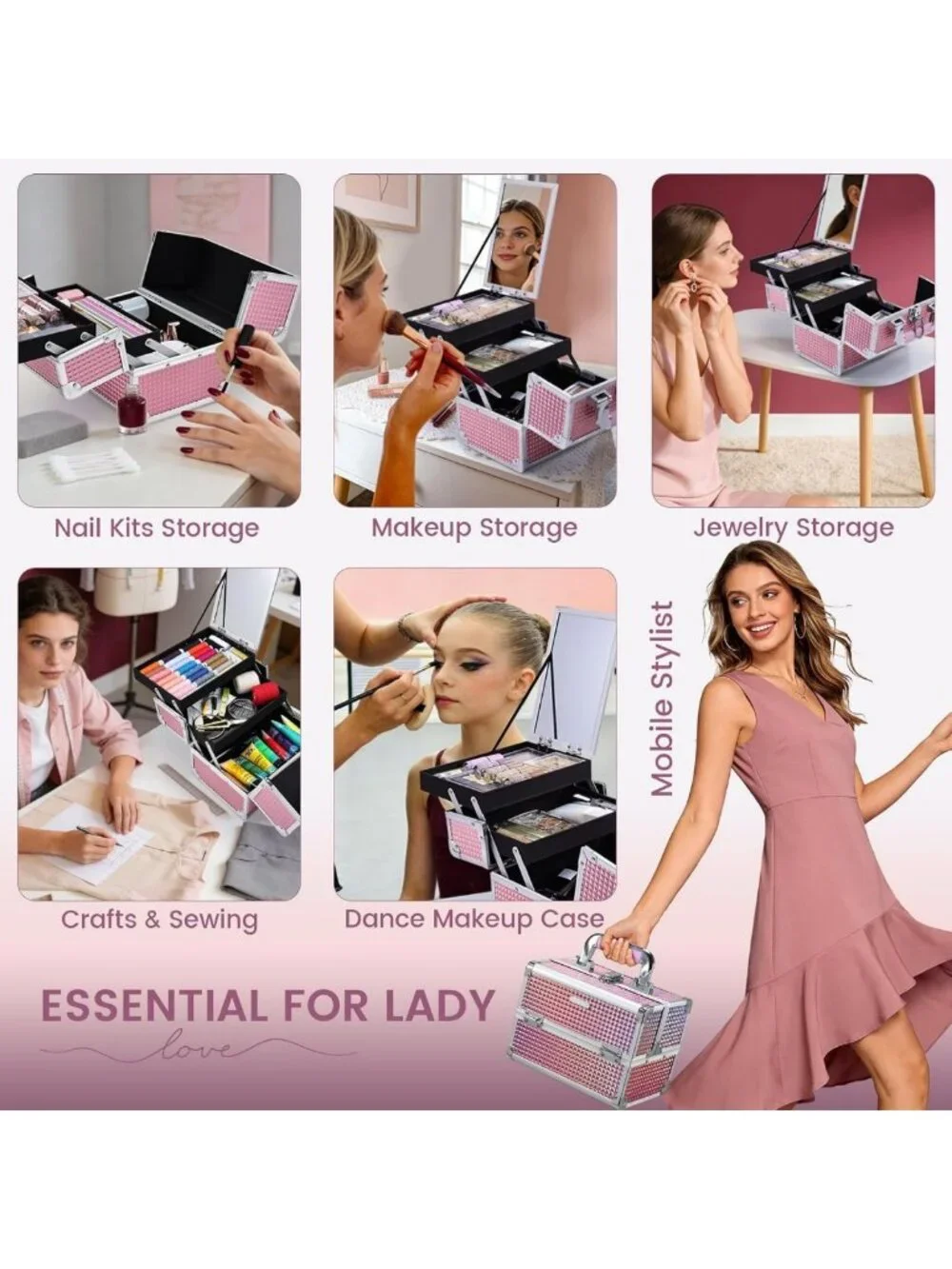 Portable Makeup Organizer with Mirror | Cosmetic Train Case, 2 Trays, Locking